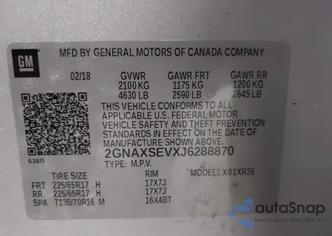 2018 Chevrolet Equinox Lt from USA, damaged, VIN 2GNAXSEVXJ6288870